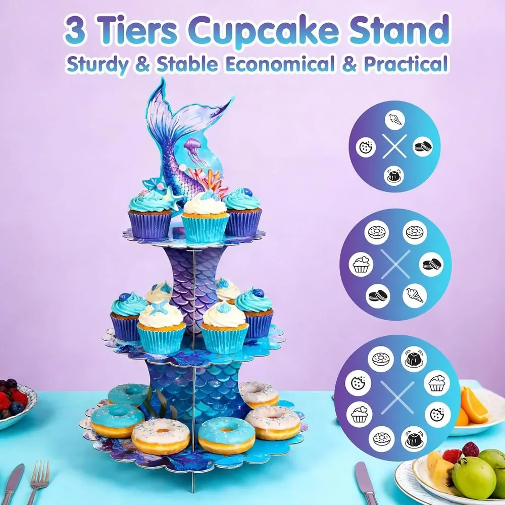 Mermaid 3 Tier Cupcake Stand Reusable Ocean Theme New